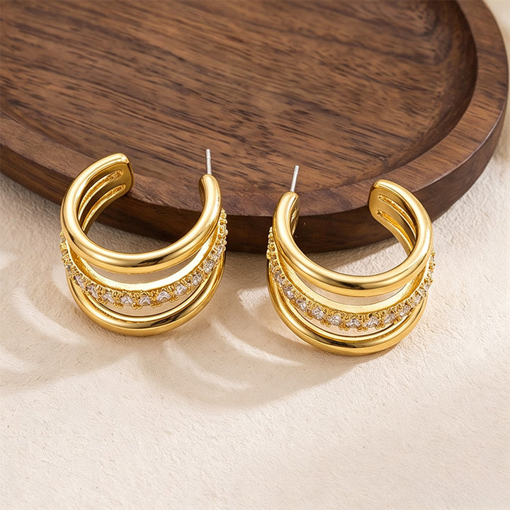 Multi-layered C-shaped teardrop zircon earrings