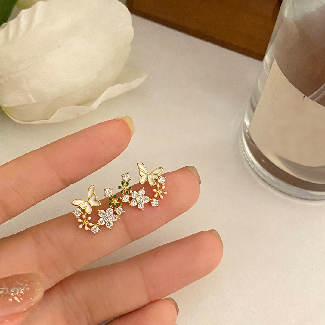 Floral Butterfly Zircon Ear Studs