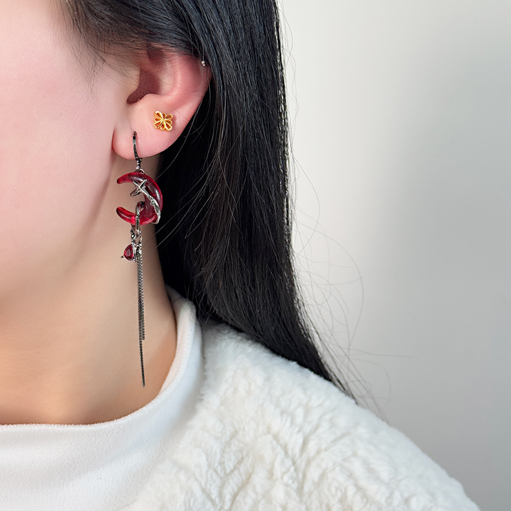 Star‑Moon Design Drop Tassel Earrings
