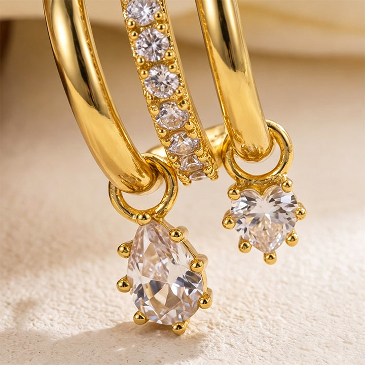 Multi-layered C-shaped teardrop zircon earrings