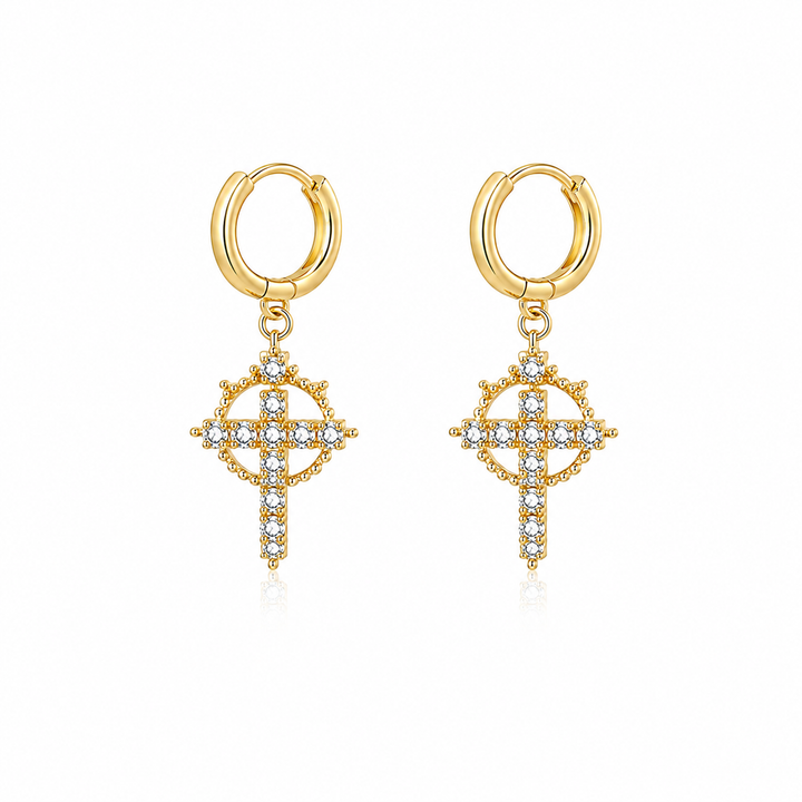 Paved Crystal Cross Crown Dangle Huggie Earrings