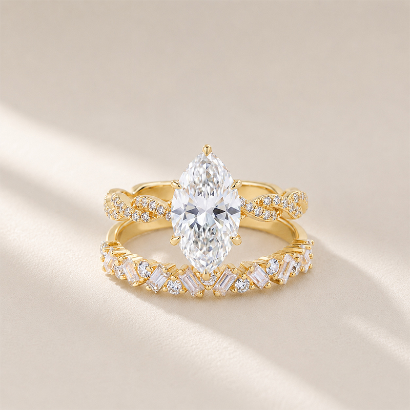 Two-piece ring set worn on a twisted arm