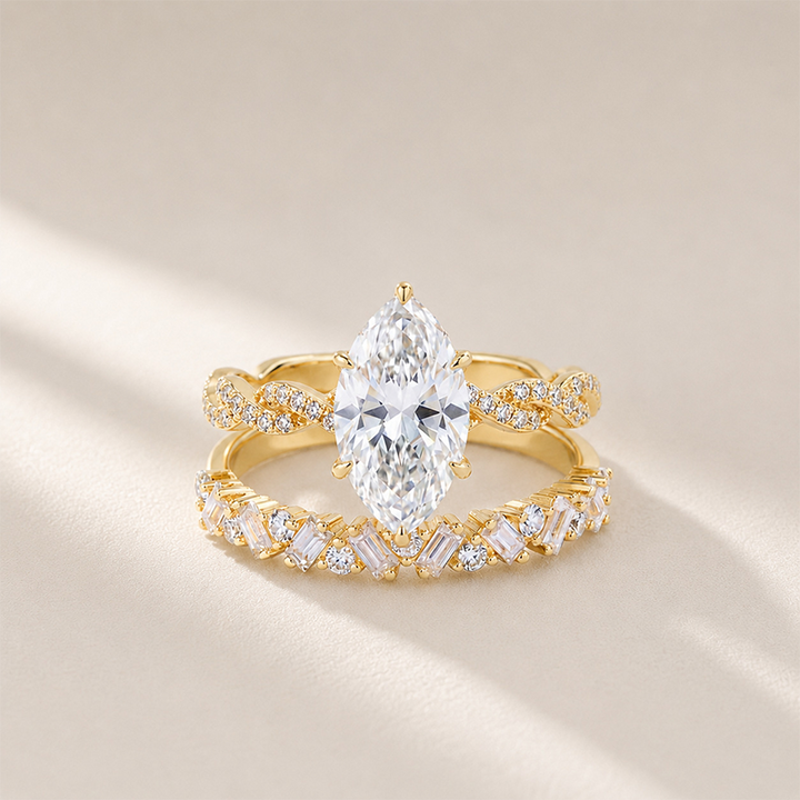 Two-piece ring set worn on a twisted arm