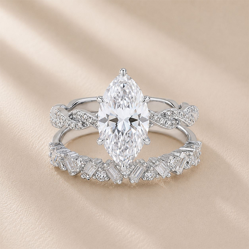 Two-piece ring set worn on a twisted arm