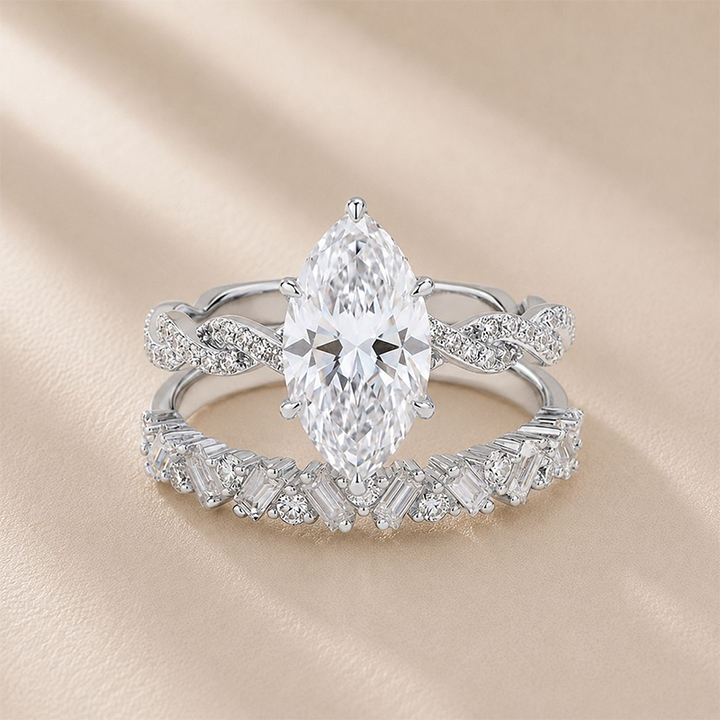 Two-piece ring set worn on a twisted arm