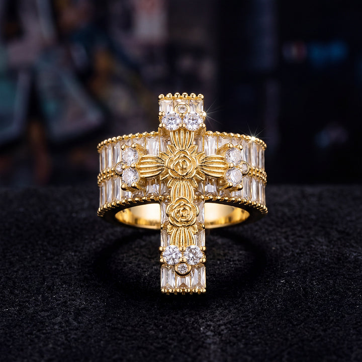 Cross Inlaid Zircon Statement Ring