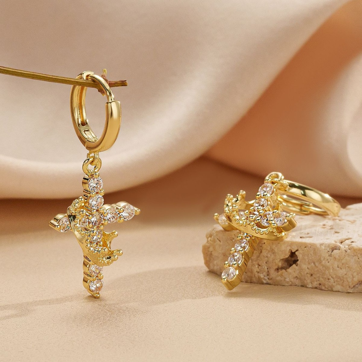 Paved Crystal Cross Crown Dangle Huggie Earrings