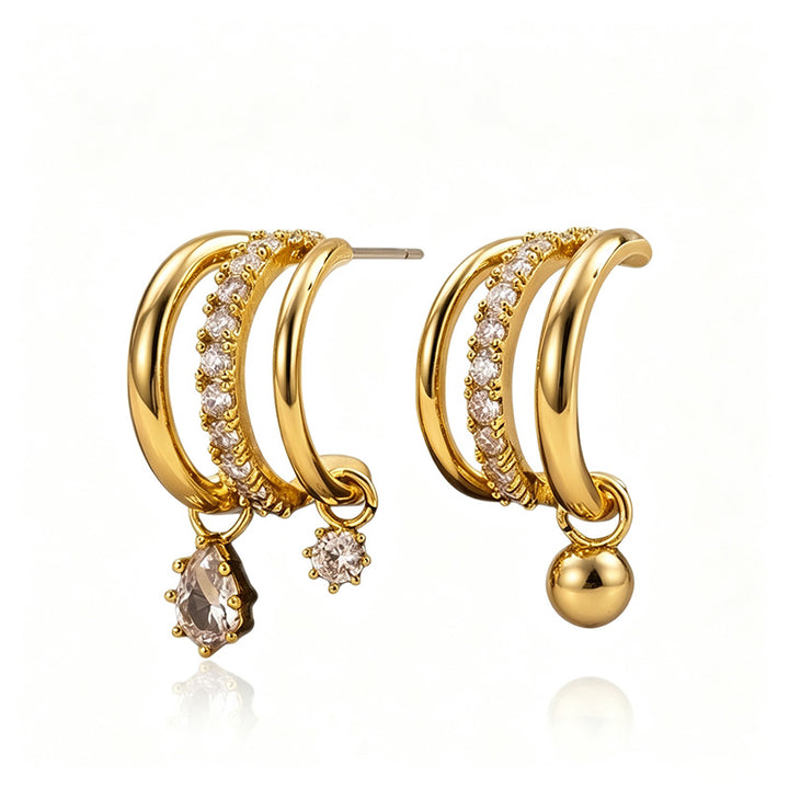 Multi-layered C-shaped teardrop zircon earrings