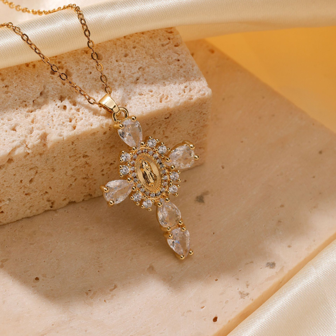 Crystal Virgin Mary Cross Pendant Necklace