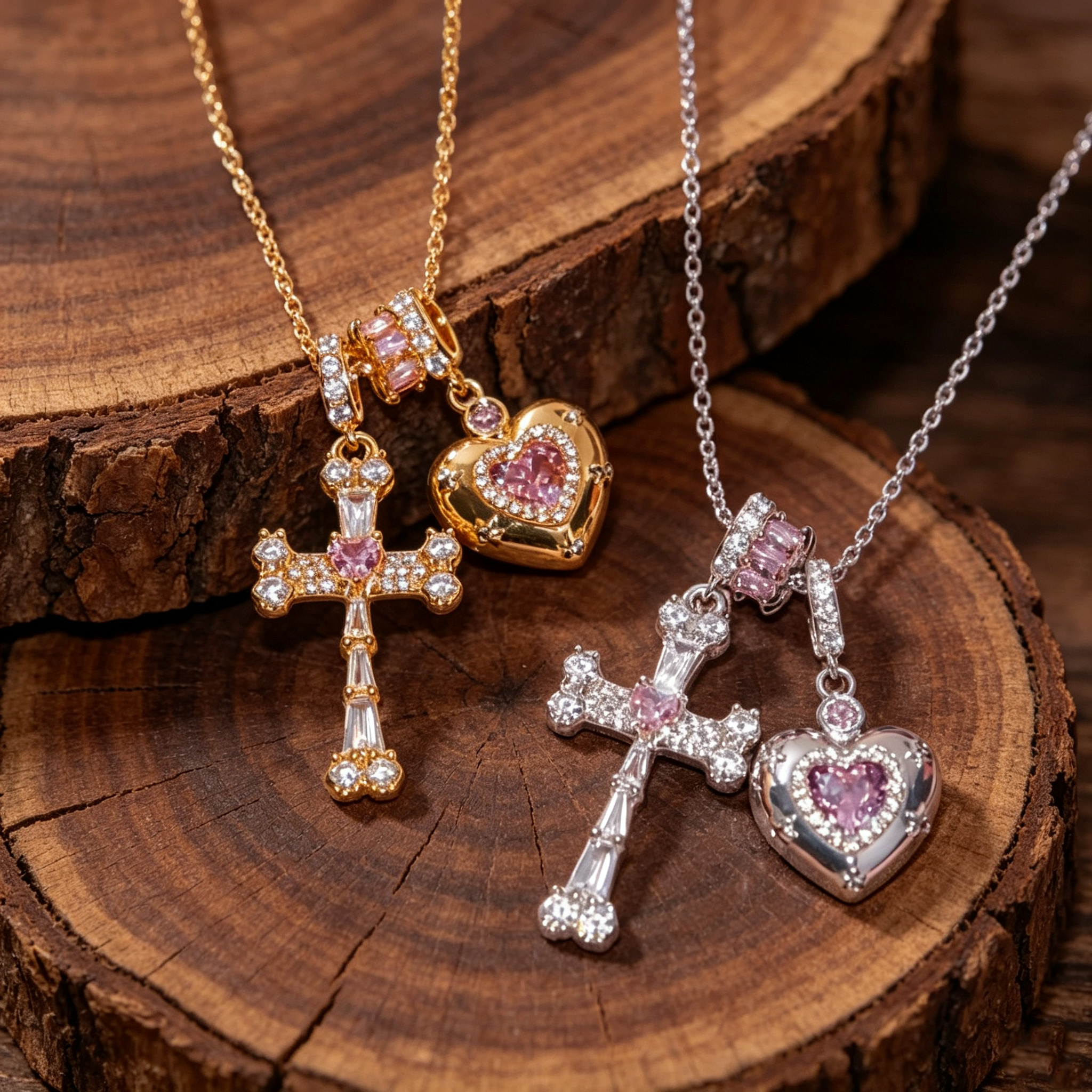 Sweet and cool pink diamond cross necklace