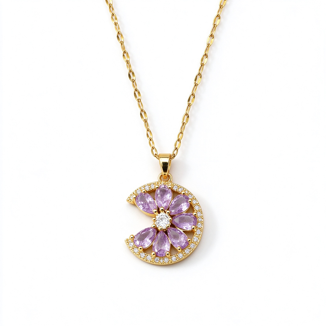 Half Moon Floral Zircon Necklace