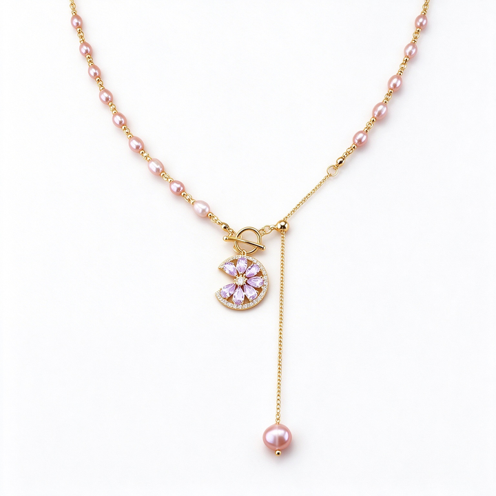 Half Moon Floral Zircon Necklace